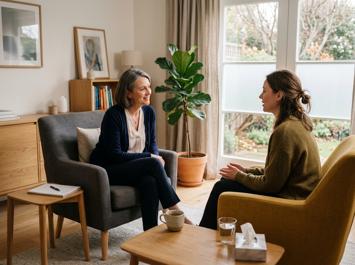 Board-certified psychiatrist in empathetic consultation with adult patient in sunlit clinic