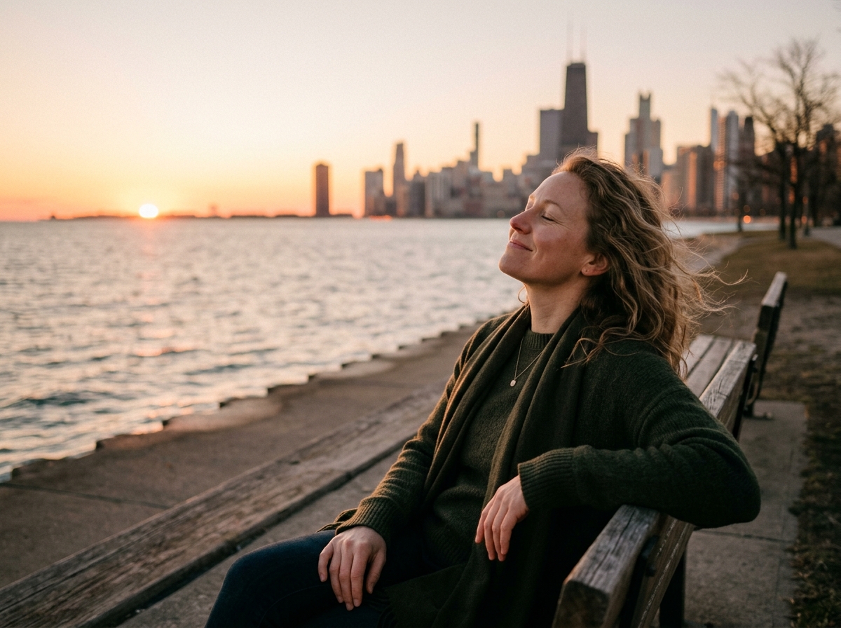 Patient experiencing relief and peace along Chicago Lakefront at dawn