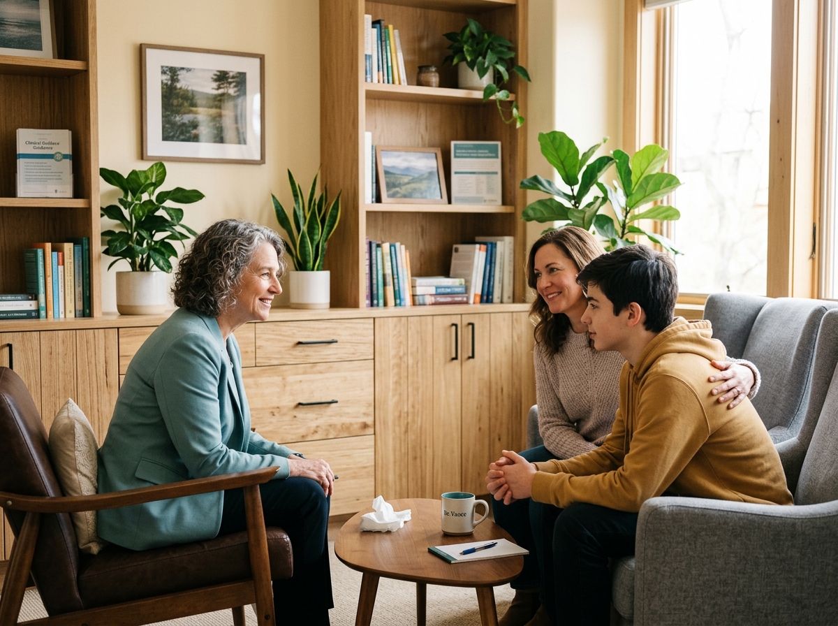 Compassionate adolescent psychiatrist consulting with teenager and caring parent